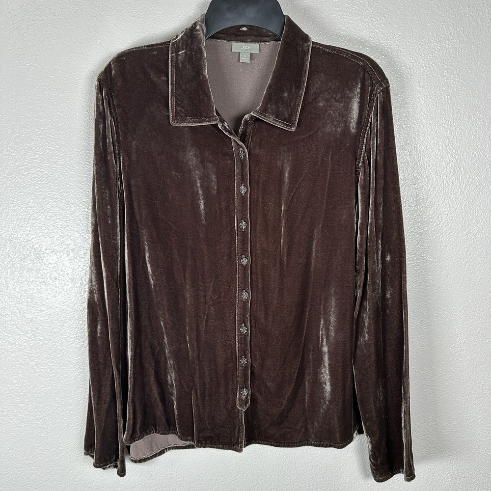 J Jill‎ Crushed Velvet Shirt Button Up Womens Small Brown Silk Blend Lagenlook